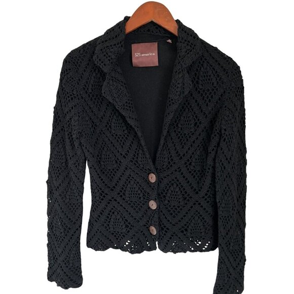 525 America Linen Cotton Black Crochet Knit Button-Up Cardigan Sweater Jacket Sm - Picture 1 of 13